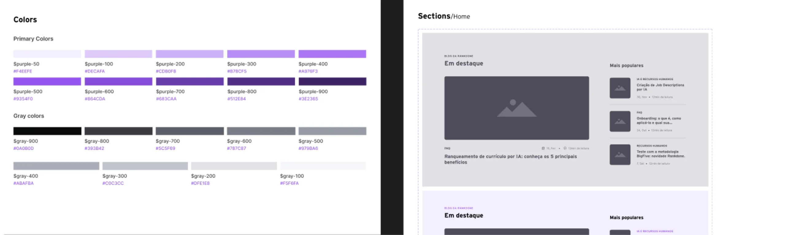 Styleguide mostrando as cores e componentes utilizados no blog da Rankdone