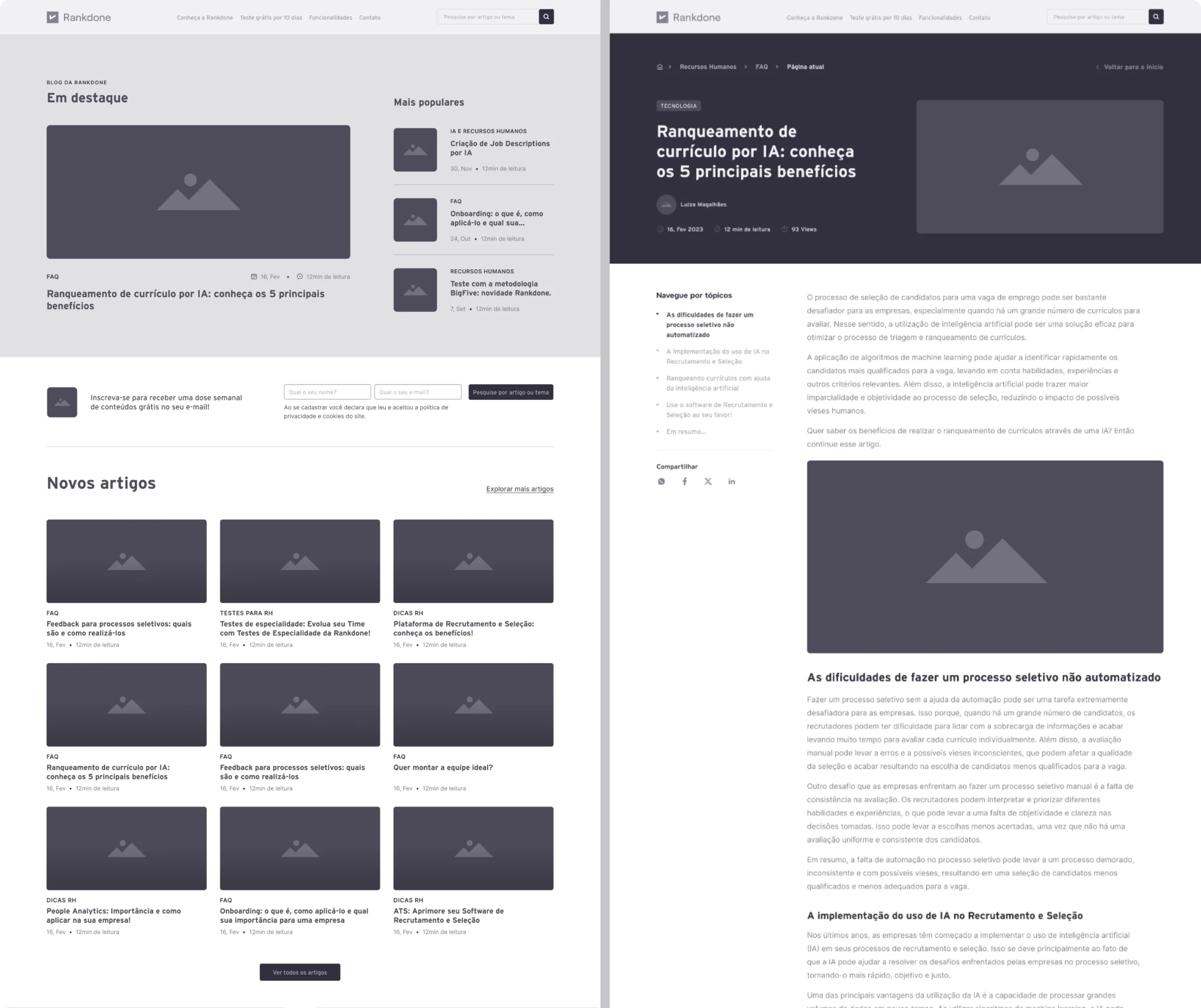 Wireframe do blog da Rankdone, nele é mostrado o início da Home e da página de detalhes da postagem